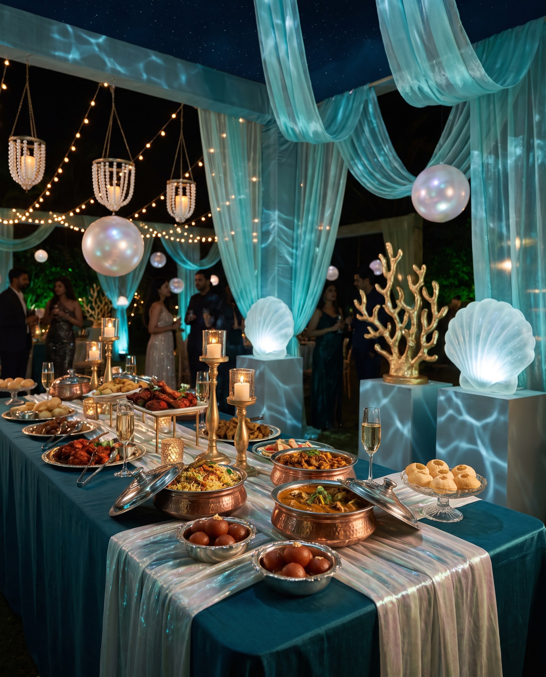 Indian banquet with biryani, kebabs and desserts